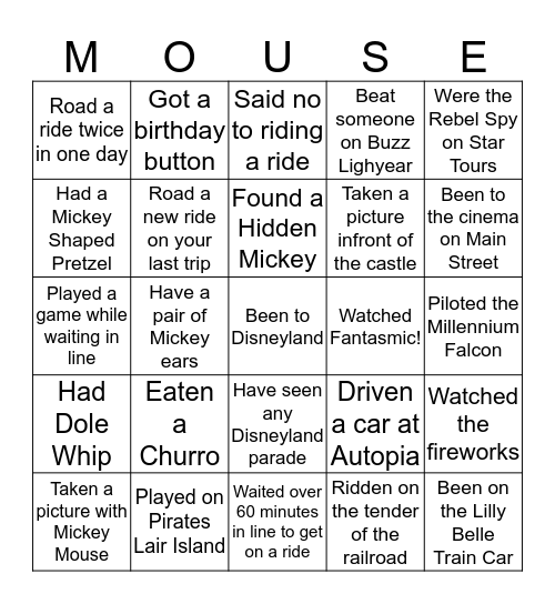 Disneyland Bingo Card