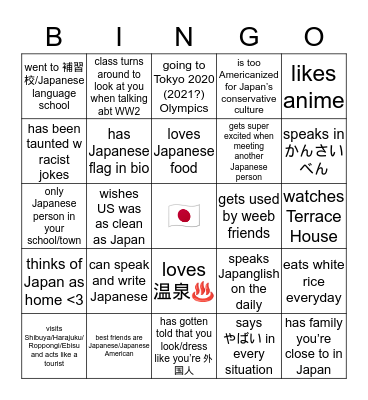 Japanese American Bingo ^_^ Bingo Card