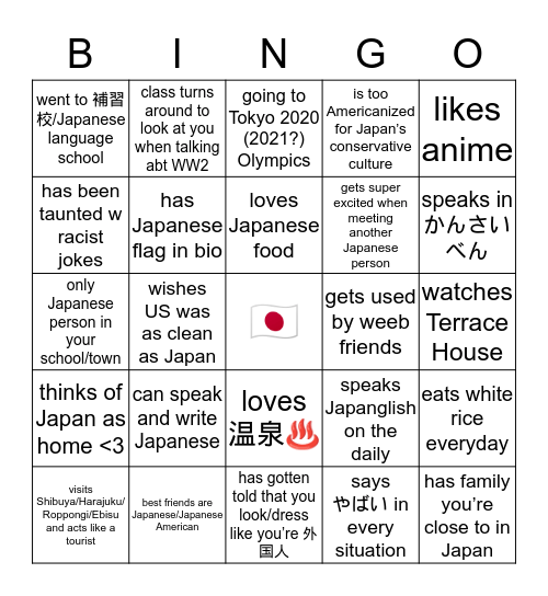 Japanese American Bingo ^_^ Bingo Card