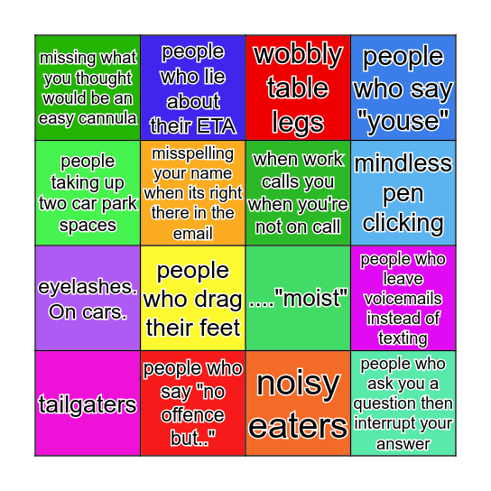 Pet Peeve Bingo Card