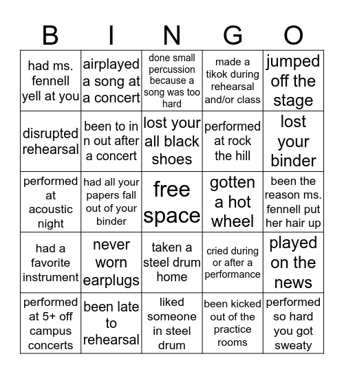 steel drum bingo Card