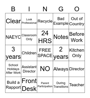 Apple Creek Preschool  Bingo Card