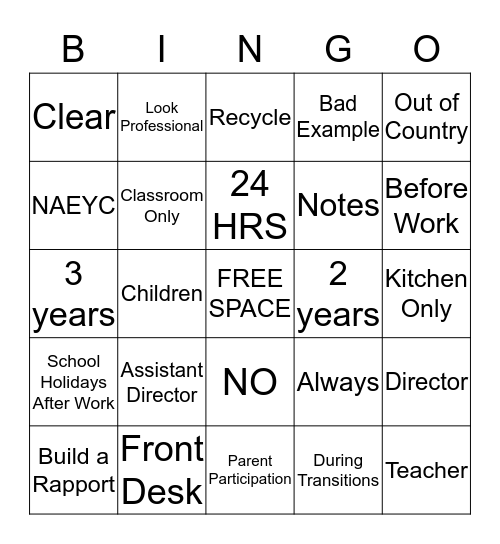 Apple Creek Preschool Bingo Card