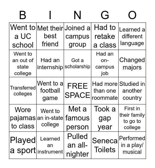 College Bingo Card