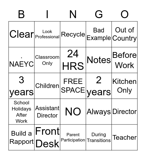 Apple Creek Preschool  Bingo Card