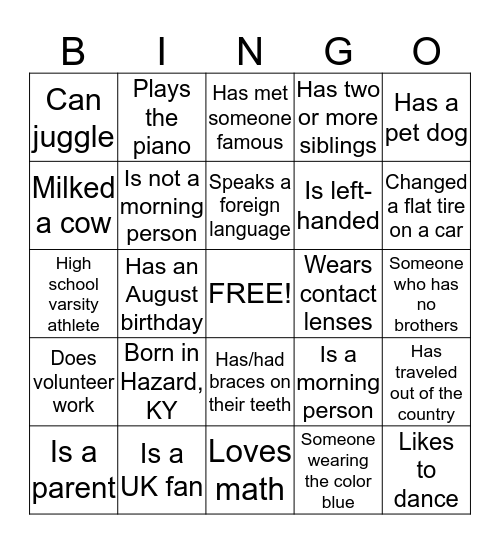 New Student Bingo Card