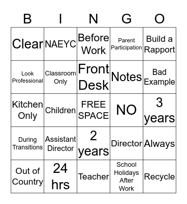 Apple Creek Preschool  Bingo Card