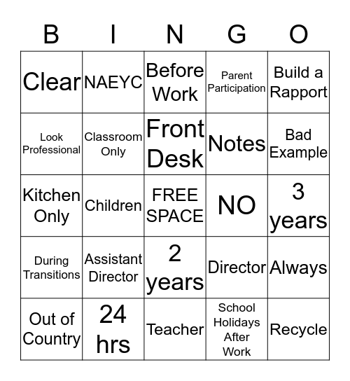 Apple Creek Preschool  Bingo Card