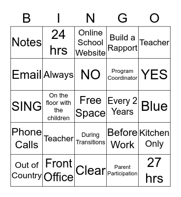 Apple Creek Preschool  Bingo Card