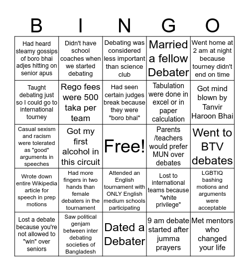 Bangladeshi Debater Early 2000s Era Bingo Card