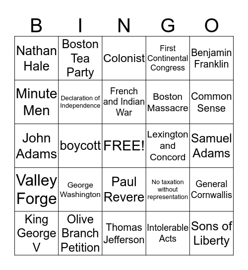 American Revolution Bingo Card