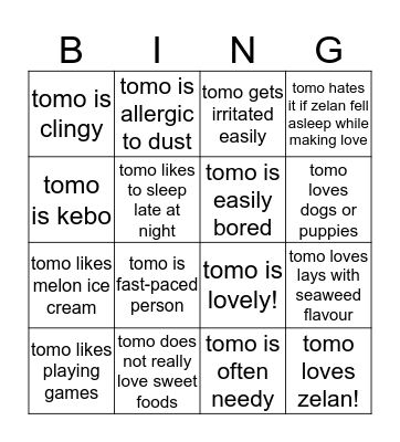 All about Tomomi Bingo Card