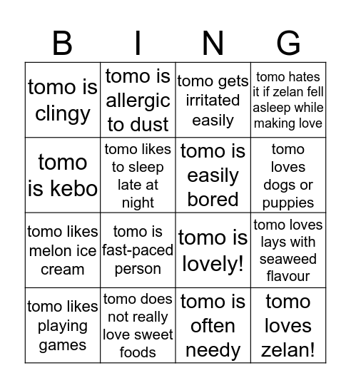 All about Tomomi Bingo Card