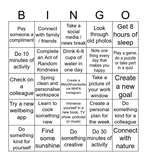 Wellbeing Bingo Card