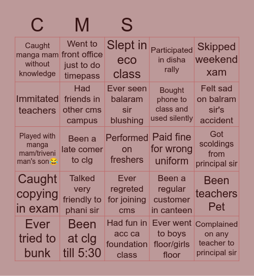 CMS crr campus Bingo Card
