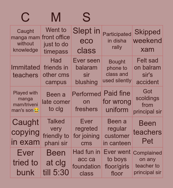 CMS crr campus Bingo Card