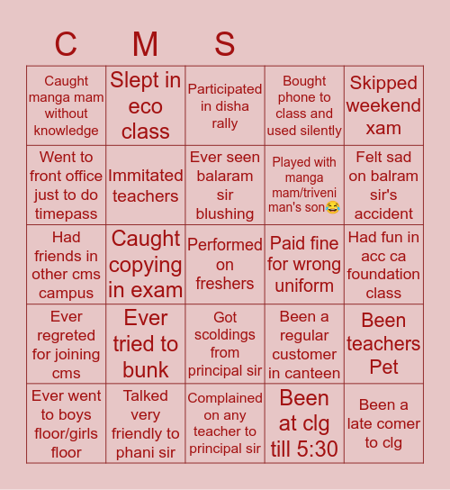 CMS crr campus Bingo Card