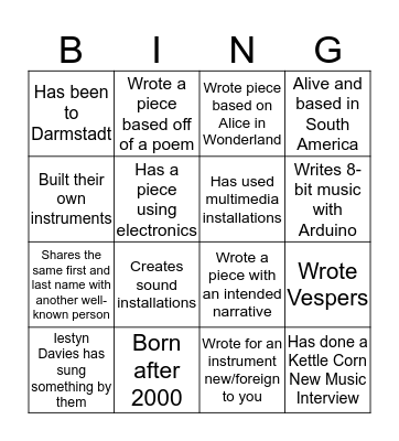 Discovering Composers and Pieces New to Me Bingo Card