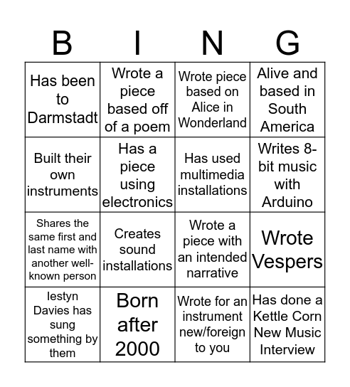 Discovering Composers and Pieces New to Me Bingo Card