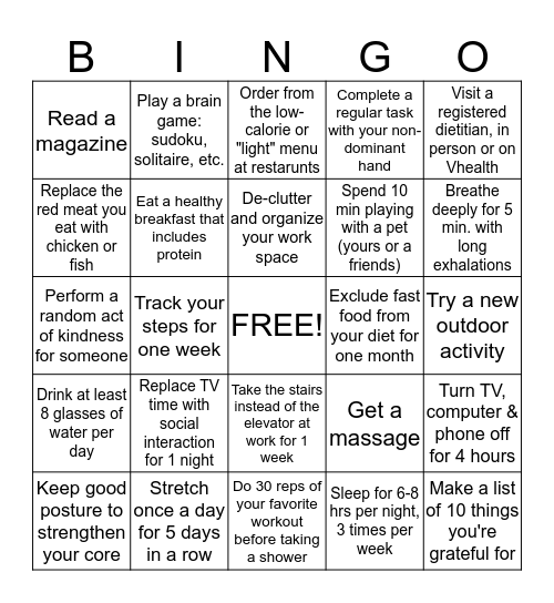 Health & Wellness Bingo Card