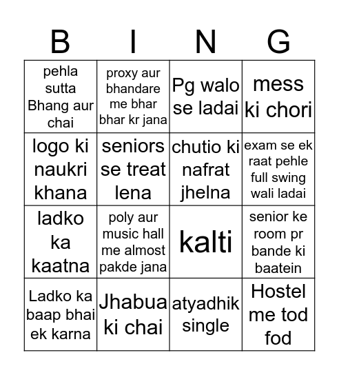 girls hostellers bingo Card