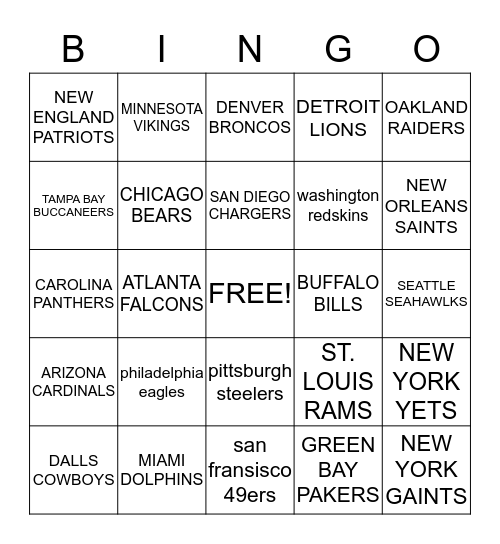NFL  Bingo Card