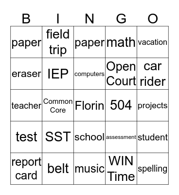 Back to School Bingo Card