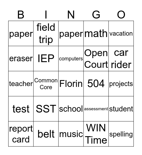 Back to School Bingo Card