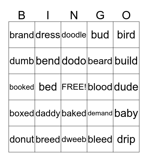 B and D Words Bingo Card