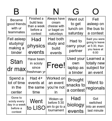 BTHS Science Olympiad Bingo Card