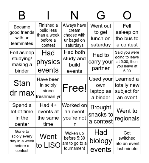 BTHS Science Olympiad Bingo Card