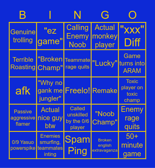 Low Level League of Legends Bingo Card