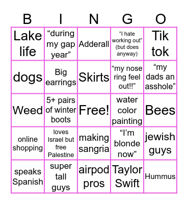 Sloan’s Bingo Card