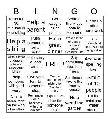 Kindness Bingo Card