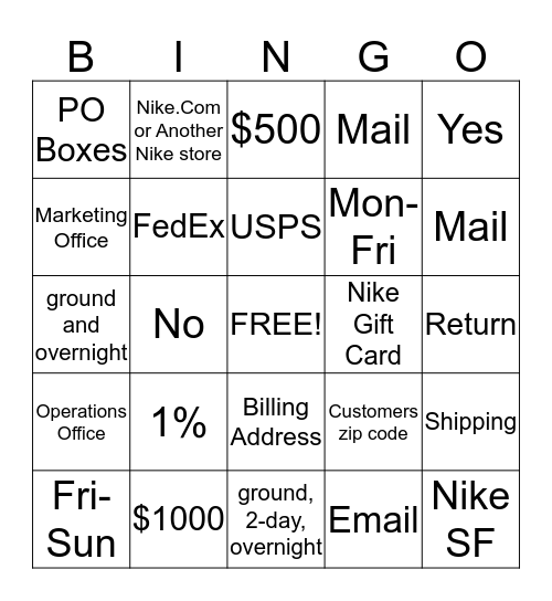 Nike SF Shipping/Charge Send Bingo Card
