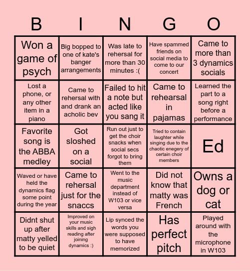 Dynamics Bingo Card