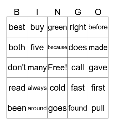 Spelling Bingo Card