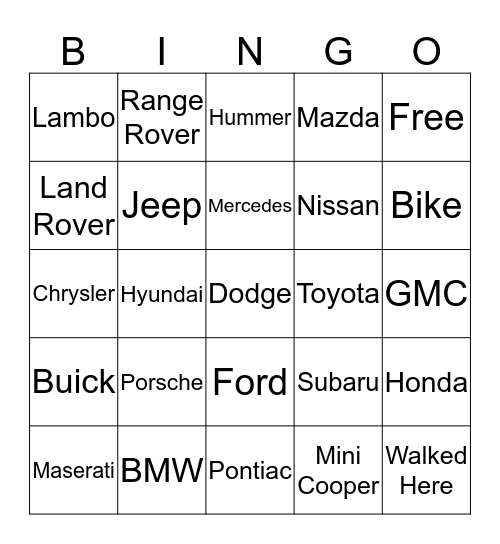 Car Model Bingo Card