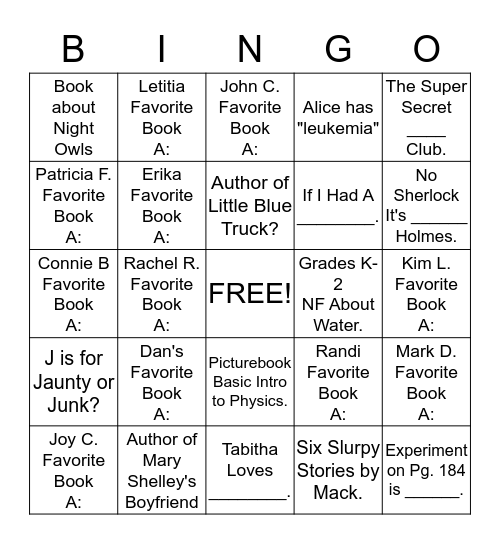 The Favorites Game-Part Deux Bingo Card