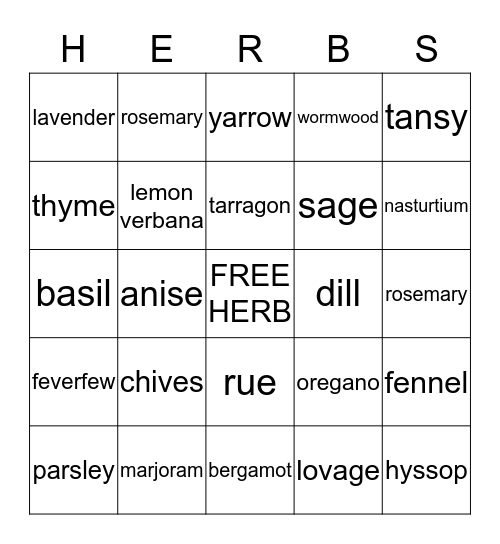 Herbal Bingo Card