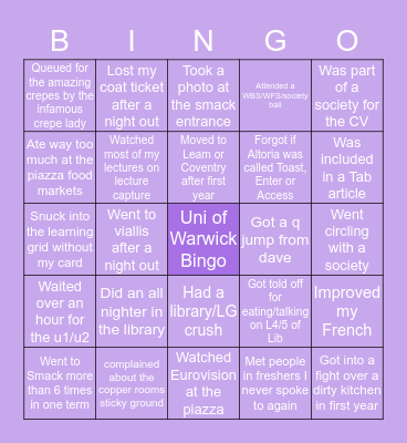 Uni of Warwick Bingo Card