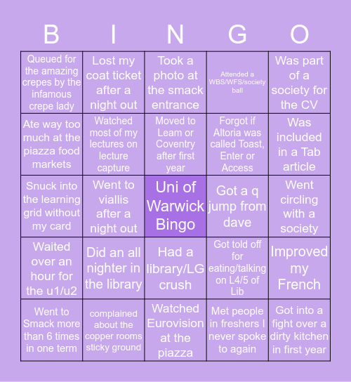 Uni of Warwick Bingo Card