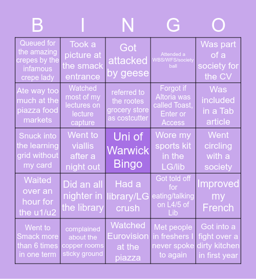 Uni of Warwick Bingo Card