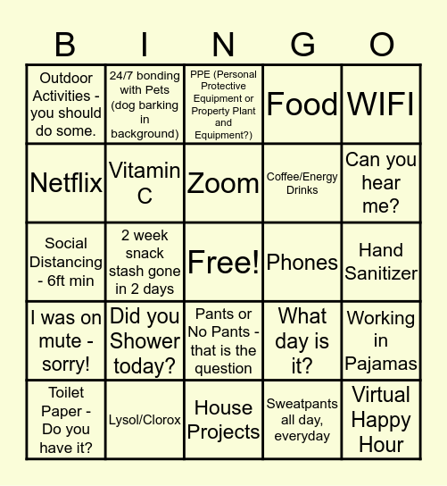 Quarantine Essentials Bingo Card