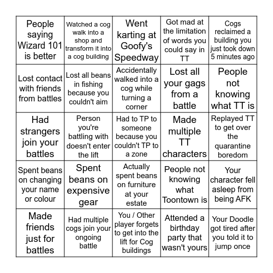 Toontown Bingo Card