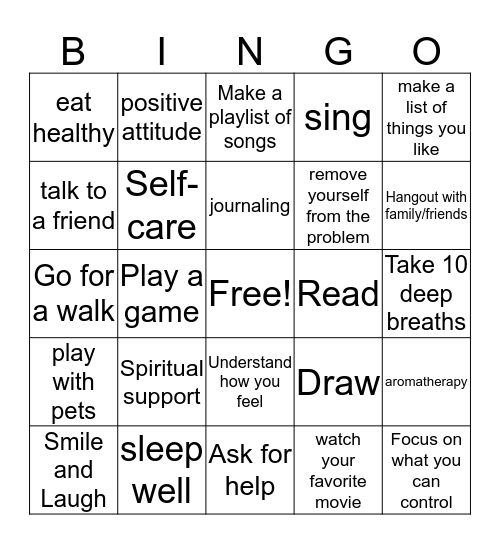 Stress Coping Strategies Bingo Card