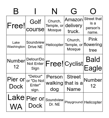 Dash Point Bingo Card