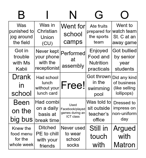 St Christopher’s School Bingo Card