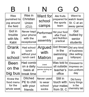 St Christopher’s School Bingo Card