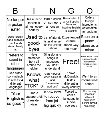 Third Culture Kid Bingo Card